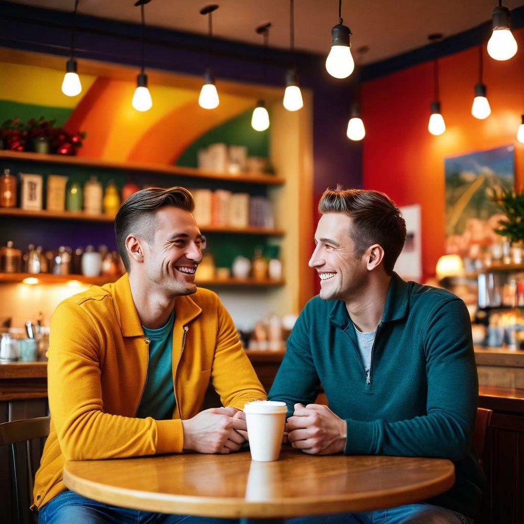 A vibrant scene depicting two men sharing an intimate moment in a cozy café, surrounded by colorful decorations symbolizing love and companionship. Include subtle hints of LGBTQ pride through rainbow motifs and soft lighting that creates an inviting atmosphere. Capture the juxtaposition of casual hookup culture with deeper emotional connection through their smiles and body language. vibrant colors. soft focus. warm lighting.