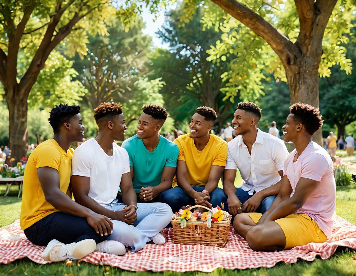 A diverse group of gay and bisexual couples sharing intimate moments in a vibrant park, surrounded by greenery and colorful flowers, showcasing various forms of affection and communication. The scene includes a picnic setup, laughter, and deep eye contact, symbolizing connection and understanding. Soft sunlight filtering through the trees adds warmth to the atmosphere. super-realistic. vibrant colors. 3D.