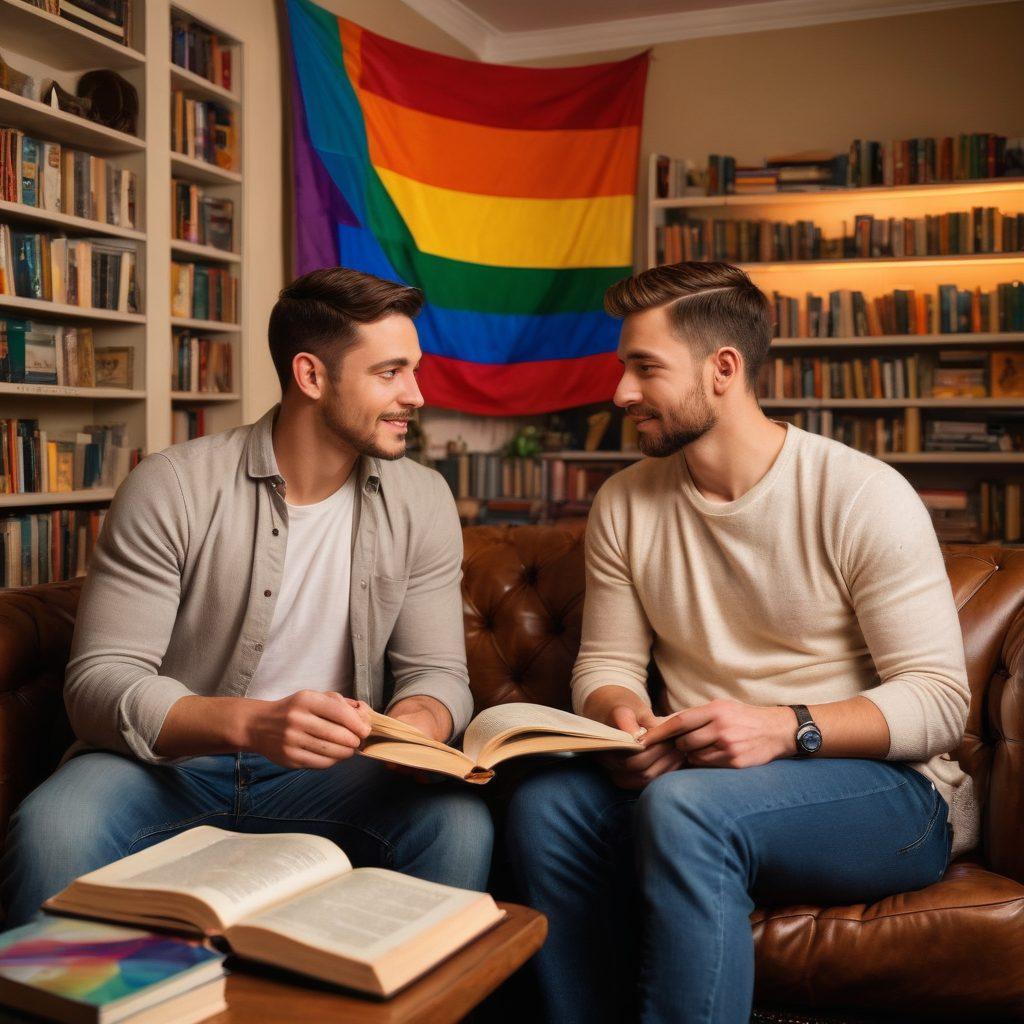 A warm and inviting scene depicting two men sharing a meaningful conversation in a cozy, softly lit room, surrounded by books and personal mementos that reflect their journey together. Their expressions are tender and engaged, showcasing deep emotional connection and intimacy. Include warm tones, with a subtle hint of a rainbow flag in the background to symbolize LGBTQ pride. Super-realistic. Vibrant colors. Soft lighting.